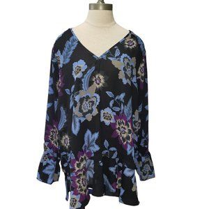 CT486 Joe Fresh + Ladies Black & Blue Floral Long Sleeve Blouse 1X